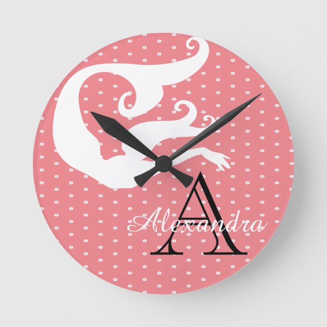 Personalised Mermaid White Coral salmon  monogram Round Clock (Front)