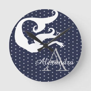 Personalised Mermaid White Navy blue monogrammed  Round Clock