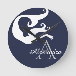 Personalised Mermaid White Navy blue monogrammed   Round Clock