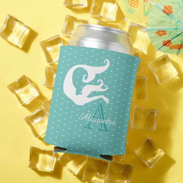 Personalised Mermaid White Teal blue monogrammed  Can Cooler (In Situ Summer)