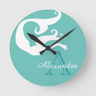 Personalised Mermaid White Teal blue monogrammed R Round Clock