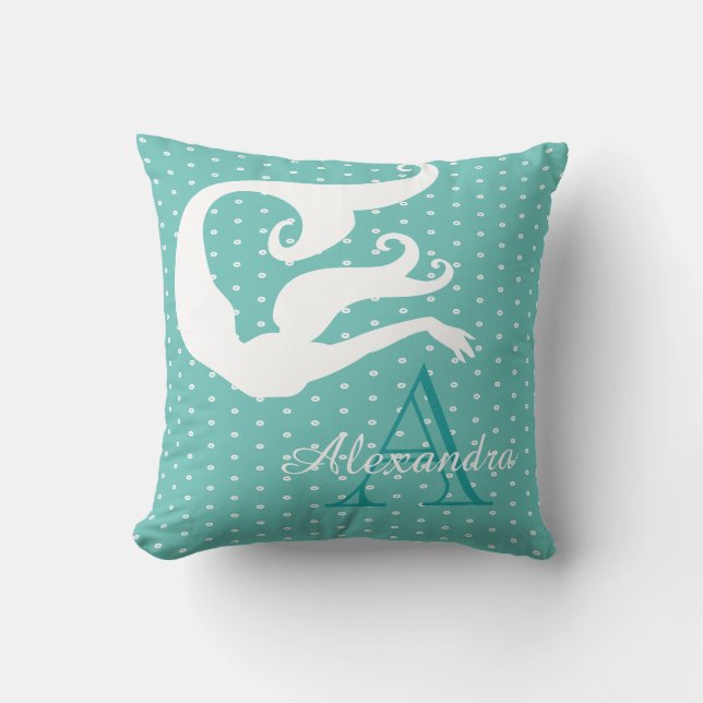 Personalised Mermaid White Teal blue monogrammed T Cushion (Front)