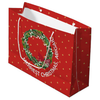 Personalised Merriest Christmas Wreath Gold Hearts Large Gift Bag