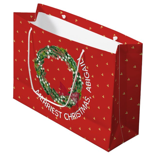 Personalised Merriest Christmas Wreath Gold Hearts Large Gift Bag (Front Angled)