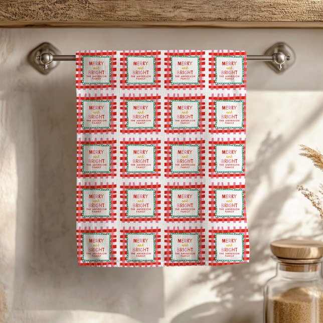 Personalised Merry and Bright Red Chequered  Tea Towel (Creator Uploaded)