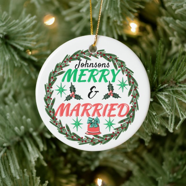 Personalised merry and married ,married couple ceramic ornament (Tree)