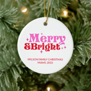 Personalised Merry & Bright Pink & Red Christmas Ceramic Ornament