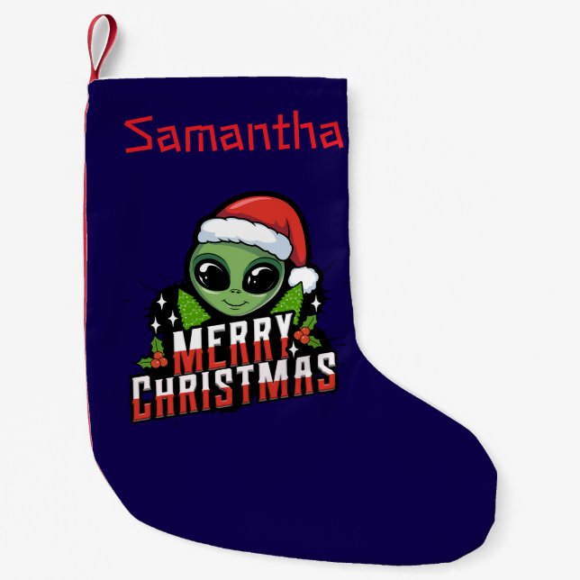 Personalised Merry Christmas Alien Small Christmas Stocking (Front)