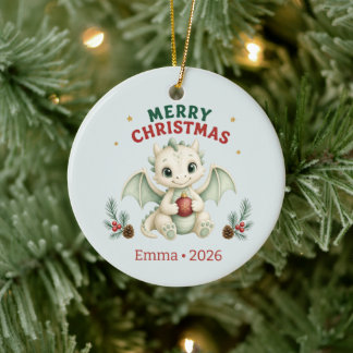Personalised Merry Christmas Baby Dragon Ceramic Ornament
