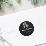 Personalised Merry Christmas Berries Leaves Black Classic Round Sticker<br><div class="desc">This elegant Christmas Sticker is decorated with watercolor mistletoe leaves and berries on a stylish black background.
Easily customisable.
Great for use as gift tags,  party favour tags,  envelope seals,  and more!
Original Watercolor © Michele Davies.</div>