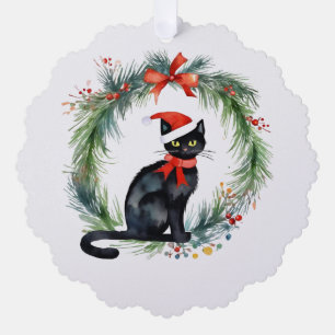 Personalised Merry Christmas Black Cat and Wreath  Tree Decoration Card