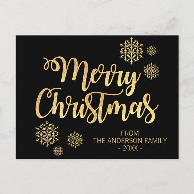 Personalised Merry Christmas Black Gold Glitter Holiday Postcard (Front)