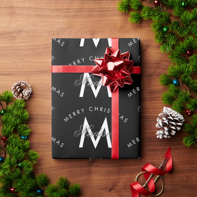 Personalised Merry Christmas Black Monogram Wrapping Paper (Holiday Gift)