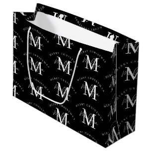 Personalised Merry Christmas Black White Monogram  Large Gift Bag