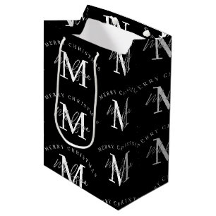 Personalised Merry Christmas Black White Monogram Medium Gift Bag