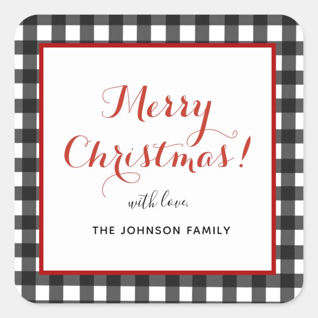 Personalised Merry Christmas Black & white plaid  Square Sticker (Front)