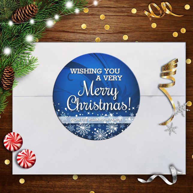 Personalised Merry Christmas (blue) Classic Round Sticker (Creator Uploaded)