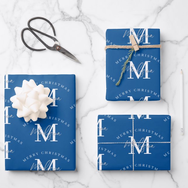 Personalised Merry Christmas Blue White Monogram  Wrapping Paper Sheet (Front)