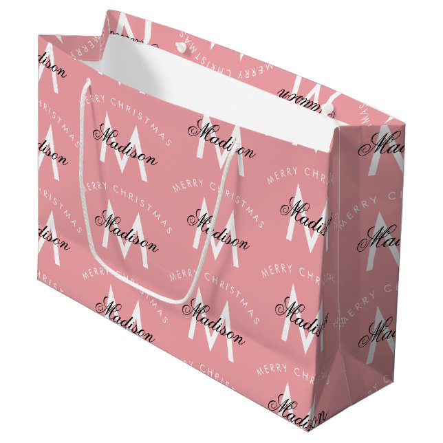 Personalised Merry Christmas Blush Pink Monogram Large Gift Bag (Front Angled)