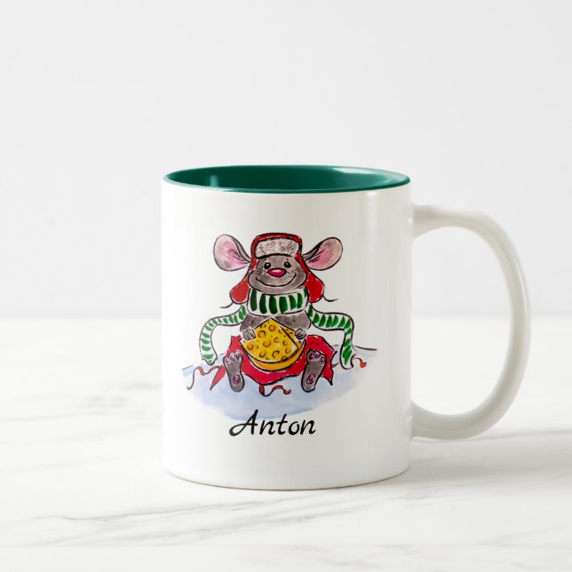 Personalised Merry Christmas Cheese Mouse Two-Tone Coffee Mug (Right)