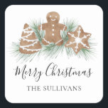 Personalised Merry Christmas Cookies Square Sticker<br><div class="desc">These festive Merry Christmas stickers are decorated with watercolor Christmas cookies and foliage.
Easily customisable.
Because we create our artwork you won't find this exact image from other designers.
Original Watercolor © Michele Davies.</div>