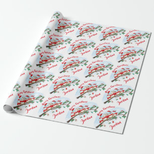 Personalised Merry Christmas Cute Owl Santa Hat Wrapping Paper