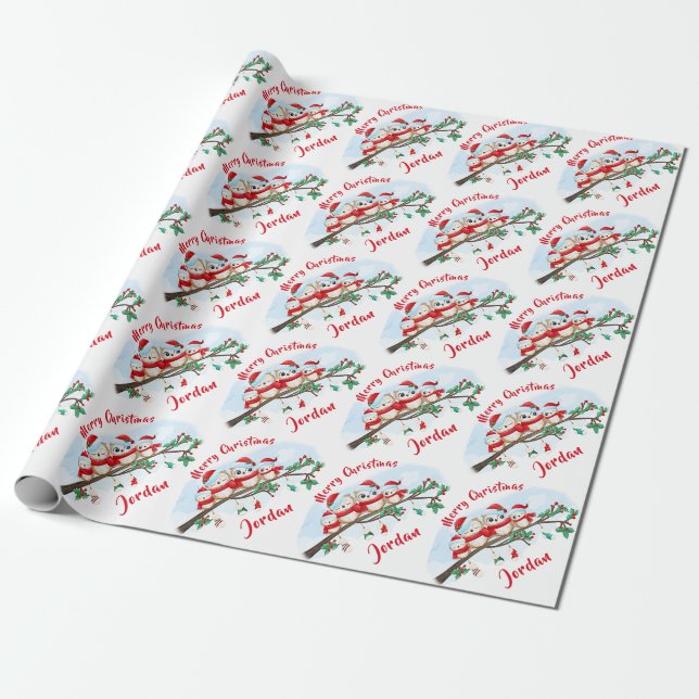 Personalised Merry Christmas Cute Owl Santa Hat Wrapping Paper (Unrolled)
