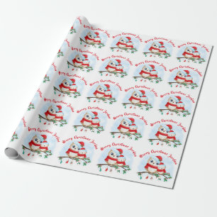Personalised Merry Christmas Cute Owl Santa Hat Wrapping Paper