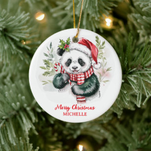 Personalised Merry Christmas Cute Panda Bear Ceramic Ornament