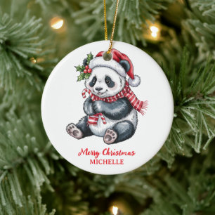 Personalised Merry Christmas Cute Panda Bear Ceramic Ornament