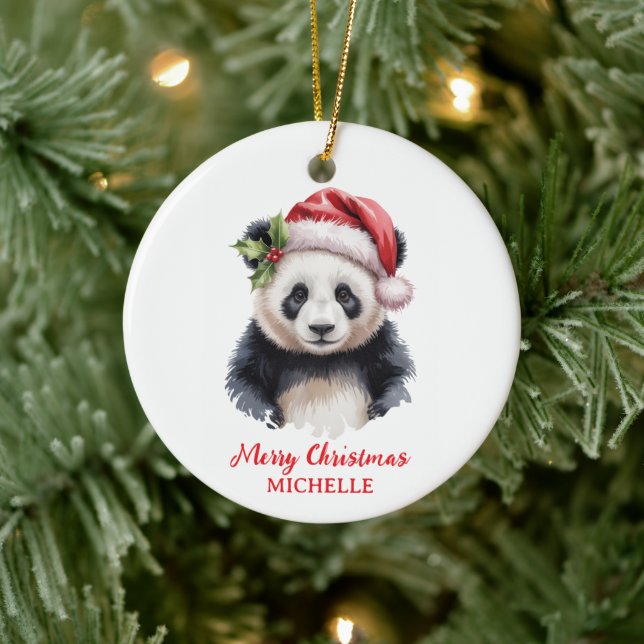 Personalised Merry Christmas Cute Panda Bear Ceramic Ornament (Tree)