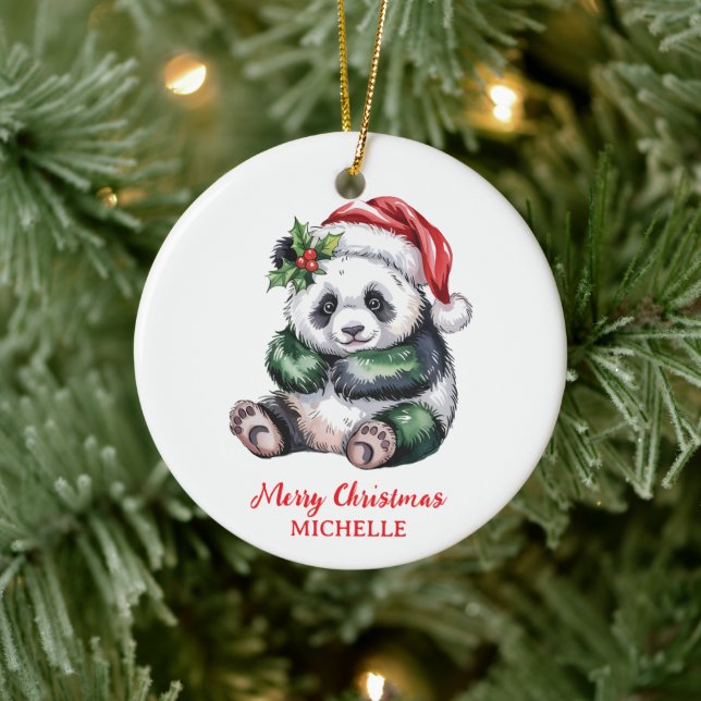 Personalised Merry Christmas Cute Panda Bear Ceramic Ornament (Tree)
