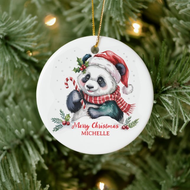 Personalised Merry Christmas Cute Panda Bear Ceramic Ornament (Tree)