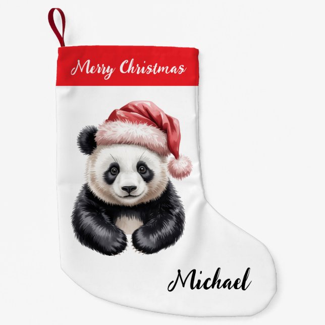 Personalised Merry Christmas Cute Panda Bear Small Christmas Stocking (Front)