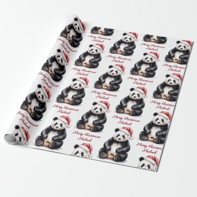 Personalised Merry Christmas Cute Panda Bear Wrapping Paper (Unrolled)