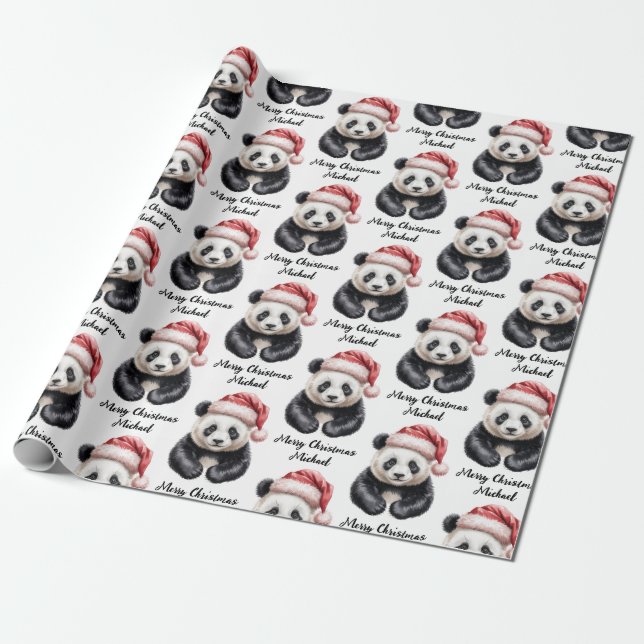 Personalised Merry Christmas Cute Panda Bear Wrapping Paper (Unrolled)