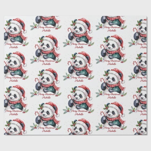 Personalised Merry Christmas Cute Panda Bear Wrapping Paper (Flat)