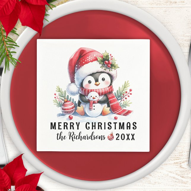 Personalised Merry Christmas Cute Penguin Napkin (Creator Uploaded)