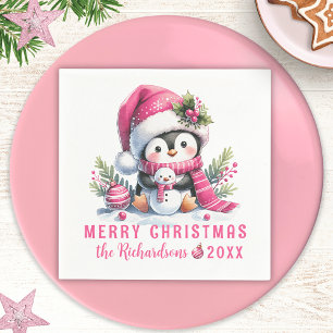Personalised Merry Christmas Cute Penguin Pink Napkin