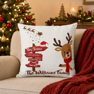 Personalised Merry Christmas Cute Reindeer Cushion
