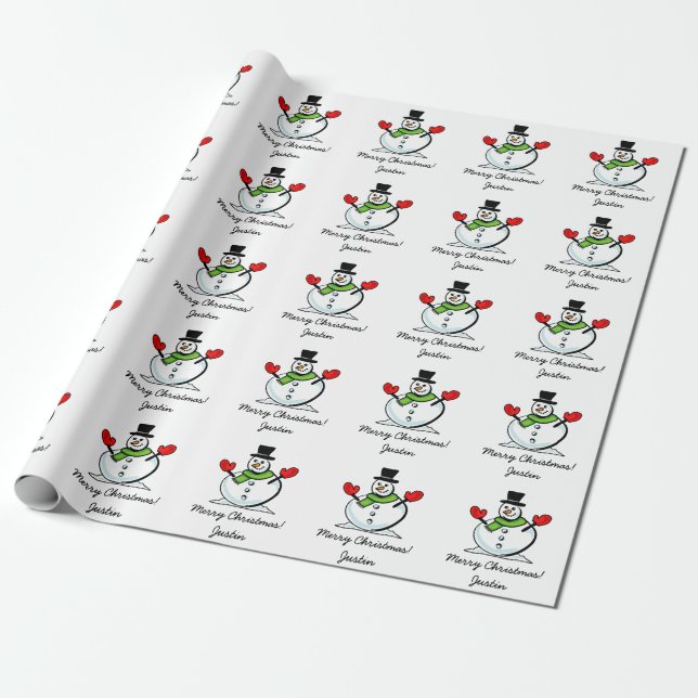 Personalised Merry Christmas cute white snowman Wrapping Paper (Unrolled)