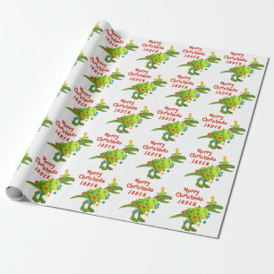 Personalised Merry Christmas Dinosaur Santa Hat Wrapping Paper