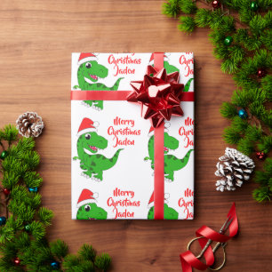 Personalised Merry Christmas Dinosaur Santa Hat Wrapping Paper