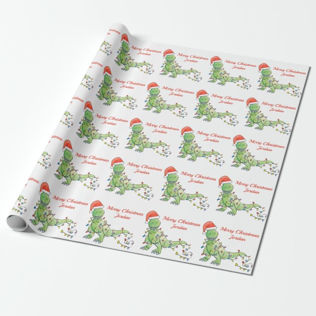 Personalised Merry Christmas Dinosaur Santa Hat Wrapping Paper (Unrolled)