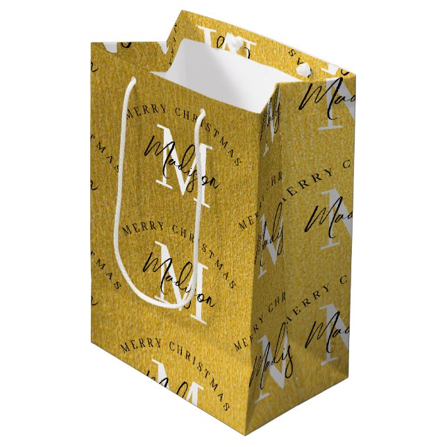 Personalised Merry Christmas Gold Foil Monogram Medium Gift Bag (Front Angled)