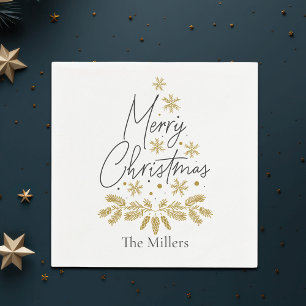 Personalised Merry Christmas, Gold Snowflakes Napkin