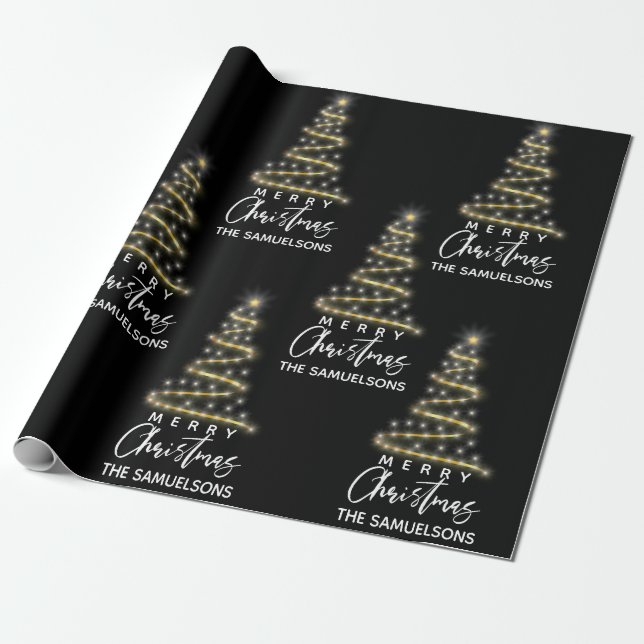 Personalised Merry Christmas Gold Tree Black Wrapping Paper (Unrolled)
