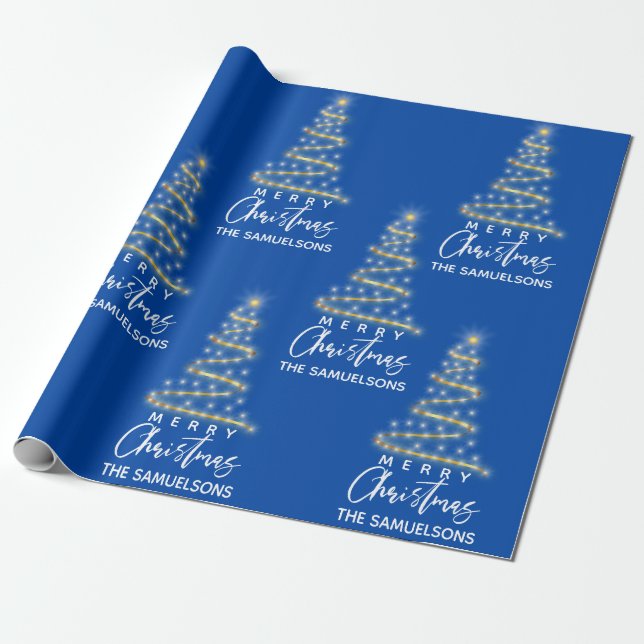 Personalised Merry Christmas Gold Tree Blue Wrapping Paper (Unrolled)