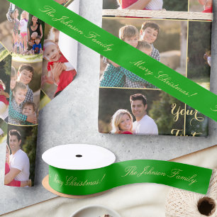 Personalised Merry Christmas Green Gold Gift Wrap Satin Ribbon