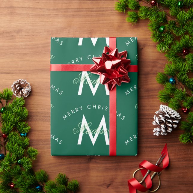 Personalised Merry Christmas Green Monogram Wrapping Paper (Holiday Gift)